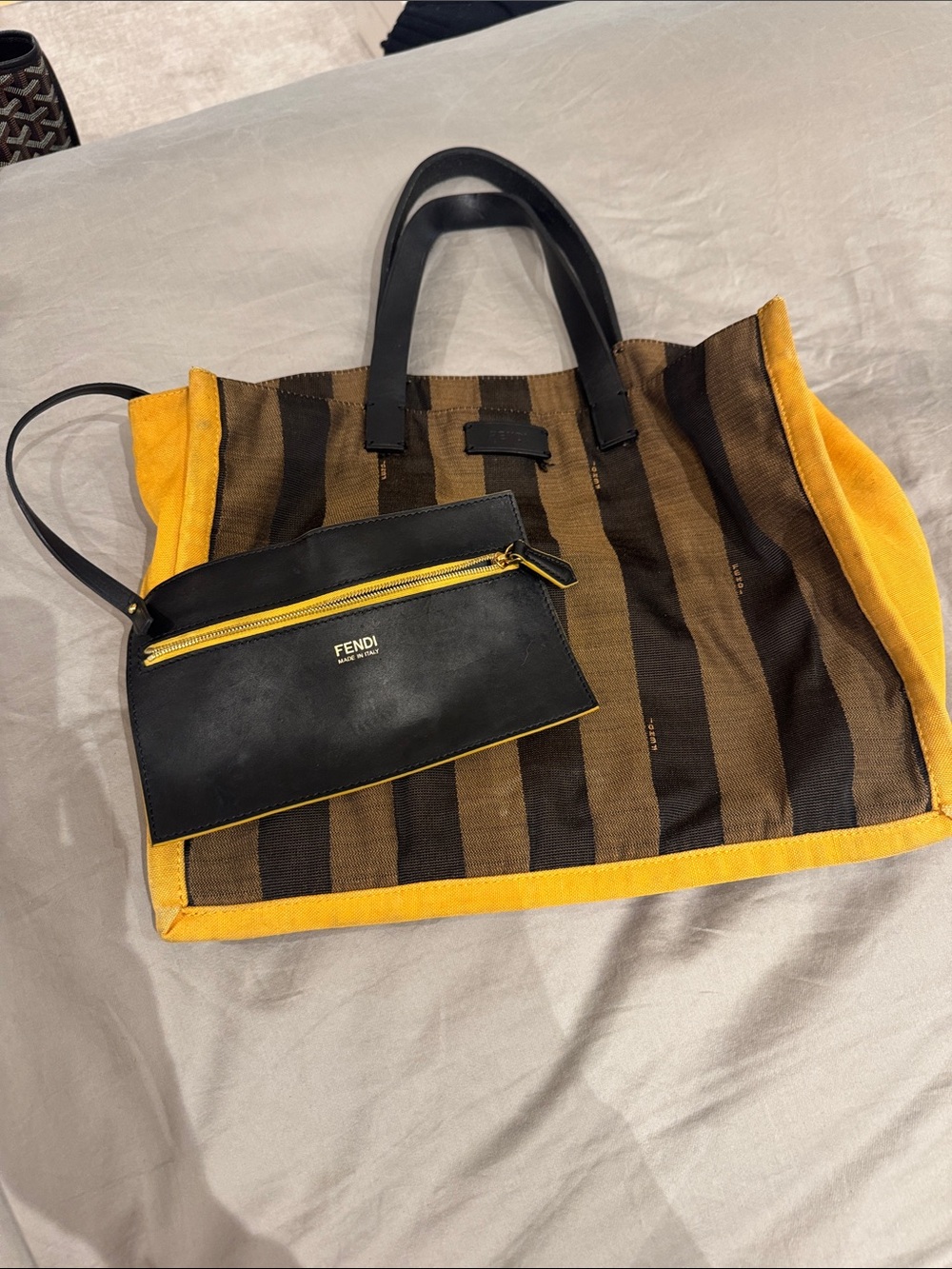 Fendi Black Leather Zip Pouch with Brown & Yellow Striped Canvas Tote